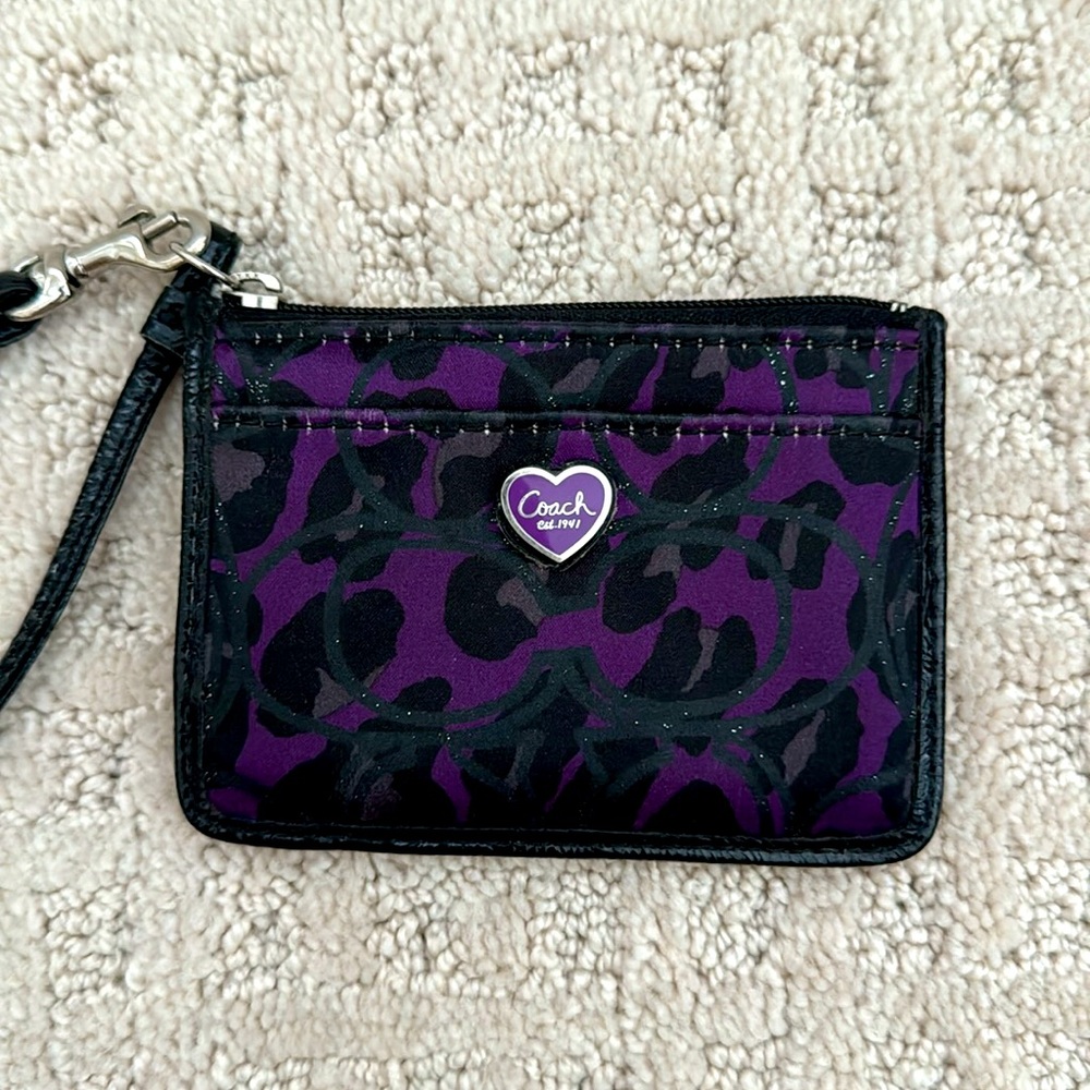 Coach Poppy Daisy Ocelot ID Skinny Small Coin Purse Wallet Purple Black